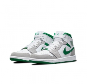Белые с серым и зеленым кроссовки Air Jordan Mid кожа