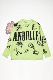 Вязаный зеленый свитер ANBULLET с принтами и логотипом бренда на груди