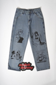 Повседневные синие с принтом "Anime Girl" джинсы с карманами