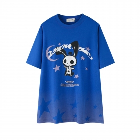 Синяя футболка VAMTAC с принтом зайца-скелета и звёздами с 2-ух сторон