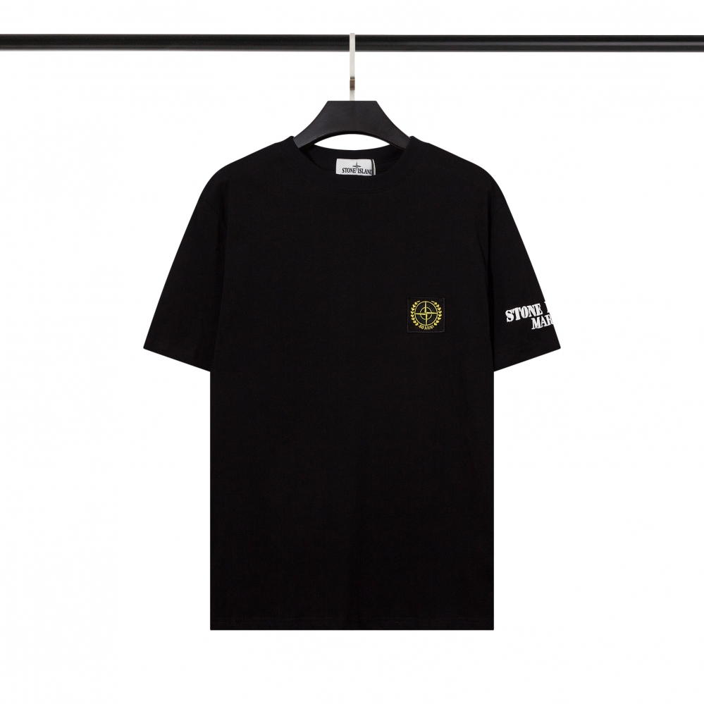 Хлопковая черная футболка STONE ISLAND с белым принтом текста на спине