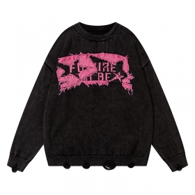 Выстиранный хлопковый черный свитер YL BOILING с качественным принтом