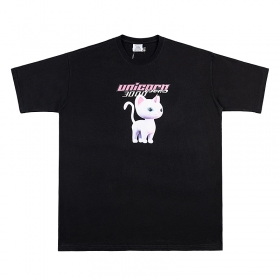 Свободная черная футболка VETEMENTS WEAR с надписями и принтом котика