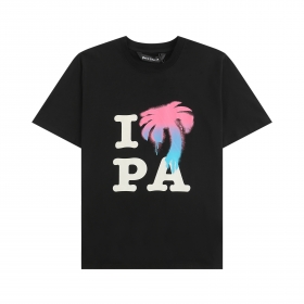 Черная футболка бренда Palm Angels с принтом цветной пальмы и букв
