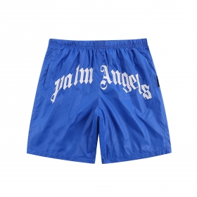 Короткие пляжные шорты Palm Angels синие с надписью бренда спереди