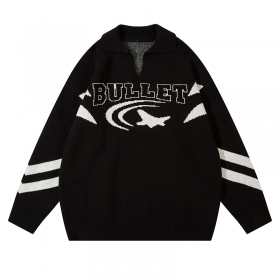 Стильный с лого бренда черный свитер ANBULLET с отложным воротником