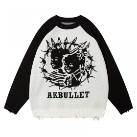 С черными рукавами реглан белый свитер ANBULLET с принтом двух детей