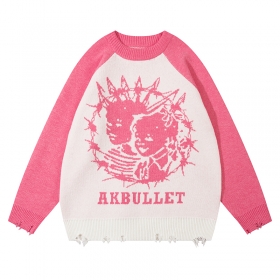 Белый свитер с розовыми рукавами от ANBULLET с лого бренда спереди