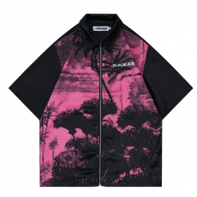 Рубашка на молнии Made Extreme черно-розовая с принтом природы