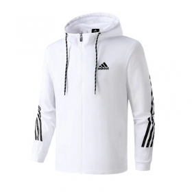 Белая с завязками и капюшоном ветровка Adidas с прорезанными карманами