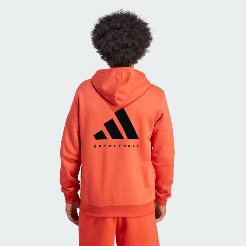 Стильное оранжевое с фирменным принтом Adidas на груди и спине худи