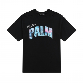 Черная футболка Palm Angels с цветной крупной надписью и прорезями