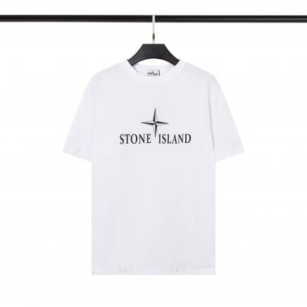 Универсальная футболка STONE ISLAND белая с брендовым принтом спереди