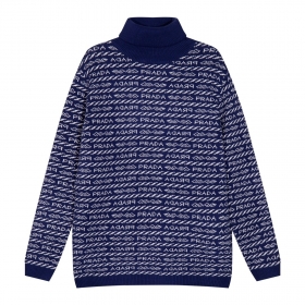 Синий свитер Prada с высокой горловиной и лого по всей поверхности