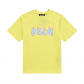 Футболка желтая Palm Angels с голубым принтом названия бренда