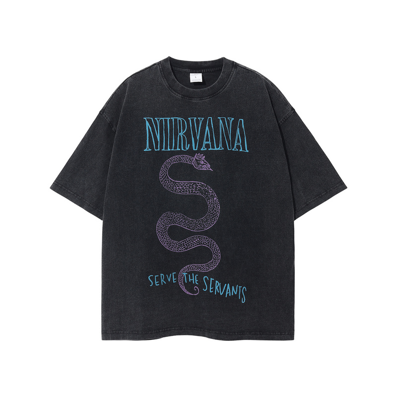 Чёрная потёртая футболка ARTIEMASTER с принтом змеи и надписью Nirvana