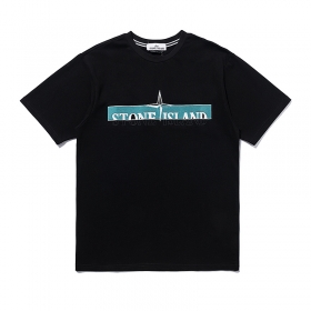 Чёрного-цвета хлопковая повседневная Stone Island футболка с логотипом