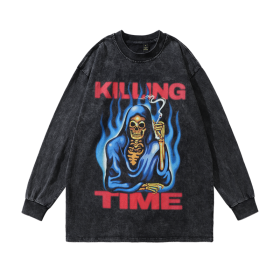 Лонгслив бренда TKPA черный с рисунком скелета и надписью Killing Time
