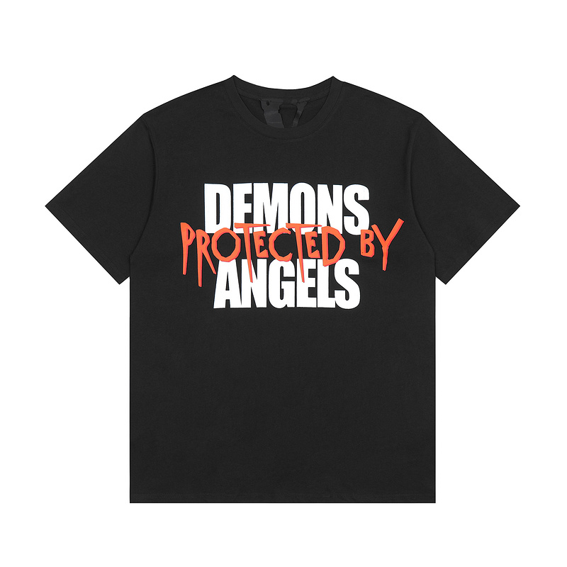 Чёрная футболка с лого на спине VLONE и надписью "Демоны и Ангелы"