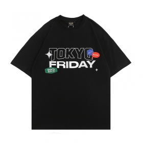Футболка черная от бренда YUXING с надписью "Tokyo friday"