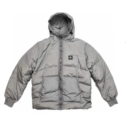 Модный серый пуховик-куртка Stone Island с логотипом на груди