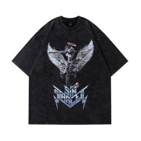 Чёрная оверсайз футболка с принтом скелет с крыльями от бренда TKPA