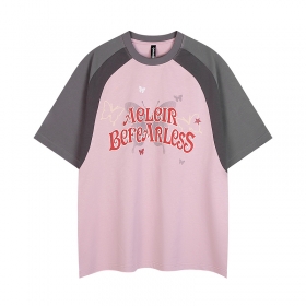Оверсайз розовая футболка Befearless с длинными серыми рукавами
