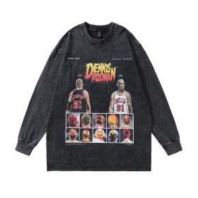 Черный лонгслив бренда TKPA с изображением баскетболиста Dennis Rodman
