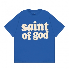 Яркая синяя футболка Saint of god KANYE с округлым вырезом