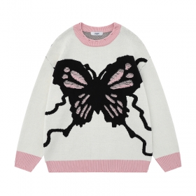 Белый с розовым обрамлением и бабочками свитер THINKER