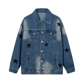 Синяя с молочными пятнами и звёздами Let's Rock брендовая джинсовка