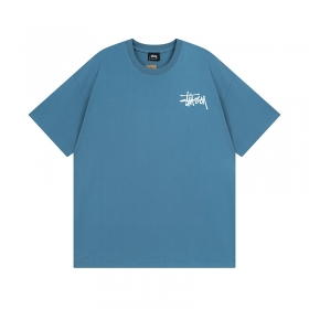Голубая хлопковая футболка Stussy с брендовым принтом