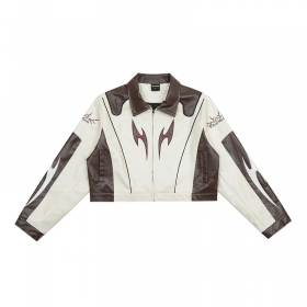 Кожаная укороченная от бренда Punch Line бежево-коричневая куртка