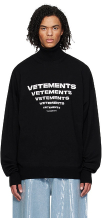 Широкий чёрный свитшот с логотипом Vetements с высокой горловиной