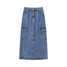 Джинсовая юбка-карго синего цвета TIDE EKU длинная с разрезом