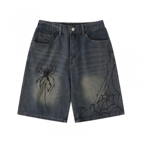 Темно-синие джинсовые шорты бренда TIDE EKU с принтом паука