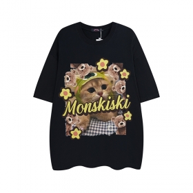 Чёрная футболка Layfu Home Monskiski из хлопка с котиком на груди