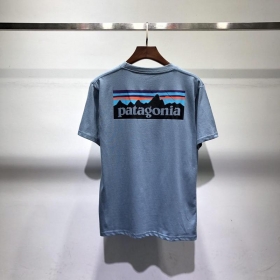 Серо-синяя футболка Patagonia c фирменным принтом-лого на спине