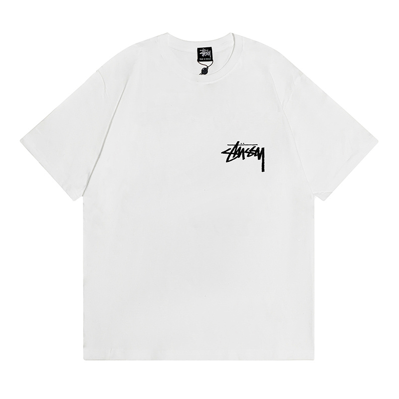 Белая футболка Stussy с фирменным лого и большим рисунком на спине