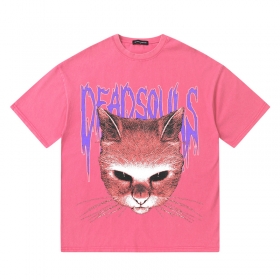 Яркая розовая прямого фасона от бренда SUCKMY футболка с принтом - кот
