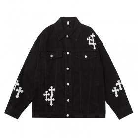 Износостойкая черная джинсовая куртка BYD JEANS с белыми крестами