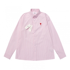 Бело-розовая в полоску классическая рубашка AMI с прямым подолом