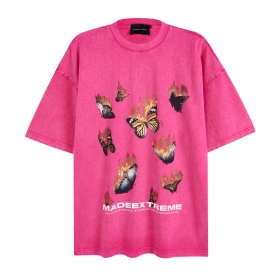 Малиновая варенная футболка Made Extreme с принтом "Бабочки в огне"