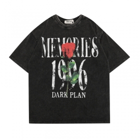 Dark Plan выстиранная чёрная футболка с принтом "Роза" и цифрами 1996