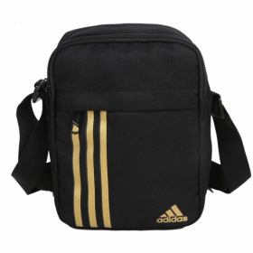 Чёрная сумка-барсетка с жёлтым логотипом бренда Adidas 