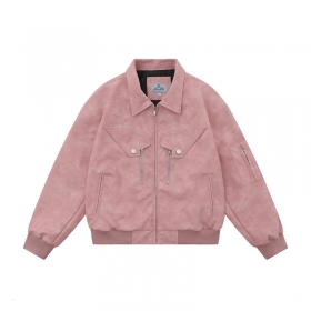 Укороченная стильная TIDE EKU кожаная розовая куртка с манжетами