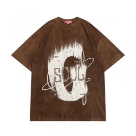 Замшевая коричневая LAZY STAR футболка с буковой "G" на груди