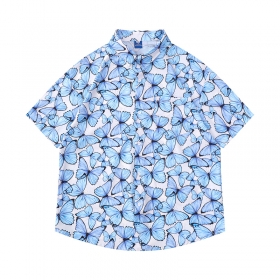 Голубая рубашка с коротким руком и принтом бабочек бренда TIDE EKU