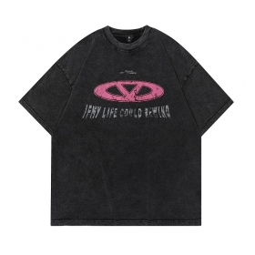 Выстиранная чёрная из хлопка футболка OVDY с округлым вырезом
