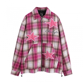Утепленная розовая рубашка в клетку OREETA на молнии с принтом звезд
